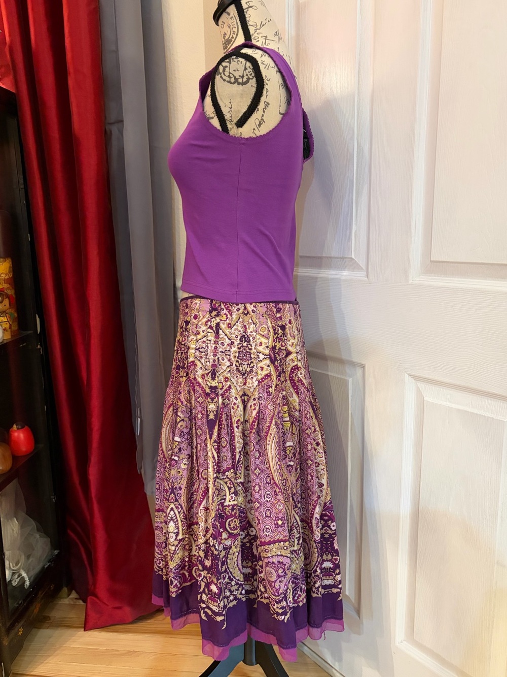 Alfani Purple Paisley/Floral A-Line Midi Layered Skirt - Picture 2 of 9